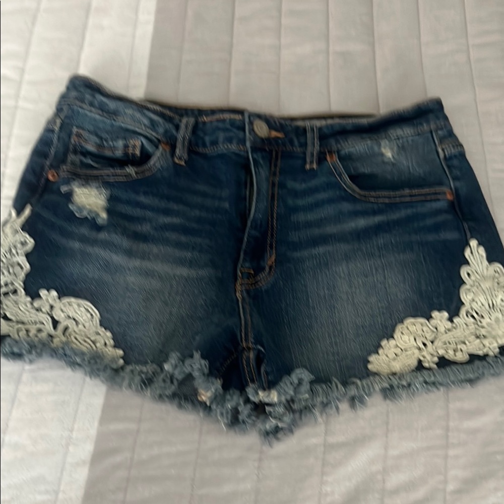 Aeropostale Blue and White Jean Shorts with Lace Trim size 10